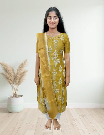 Mustard Floral Embroidered 3-Piece Kurti Set