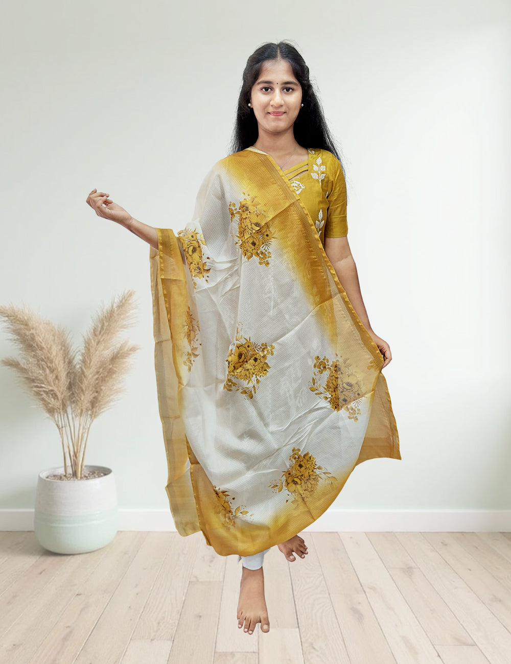 Mustard Floral Embroidered 3-Piece Kurti Set