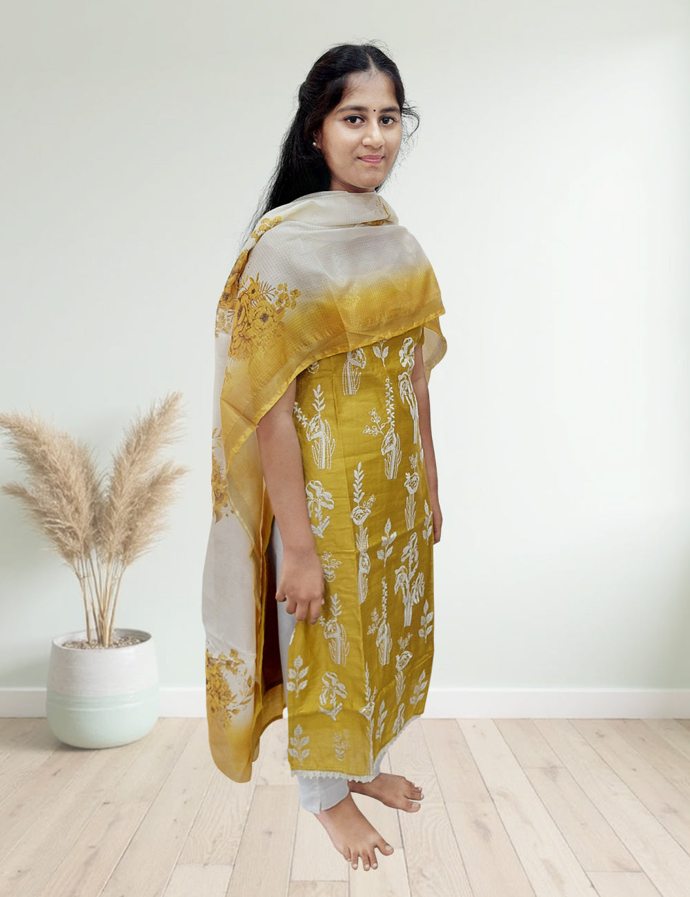 Mustard Floral Embroidered 3-Piece Kurti Set