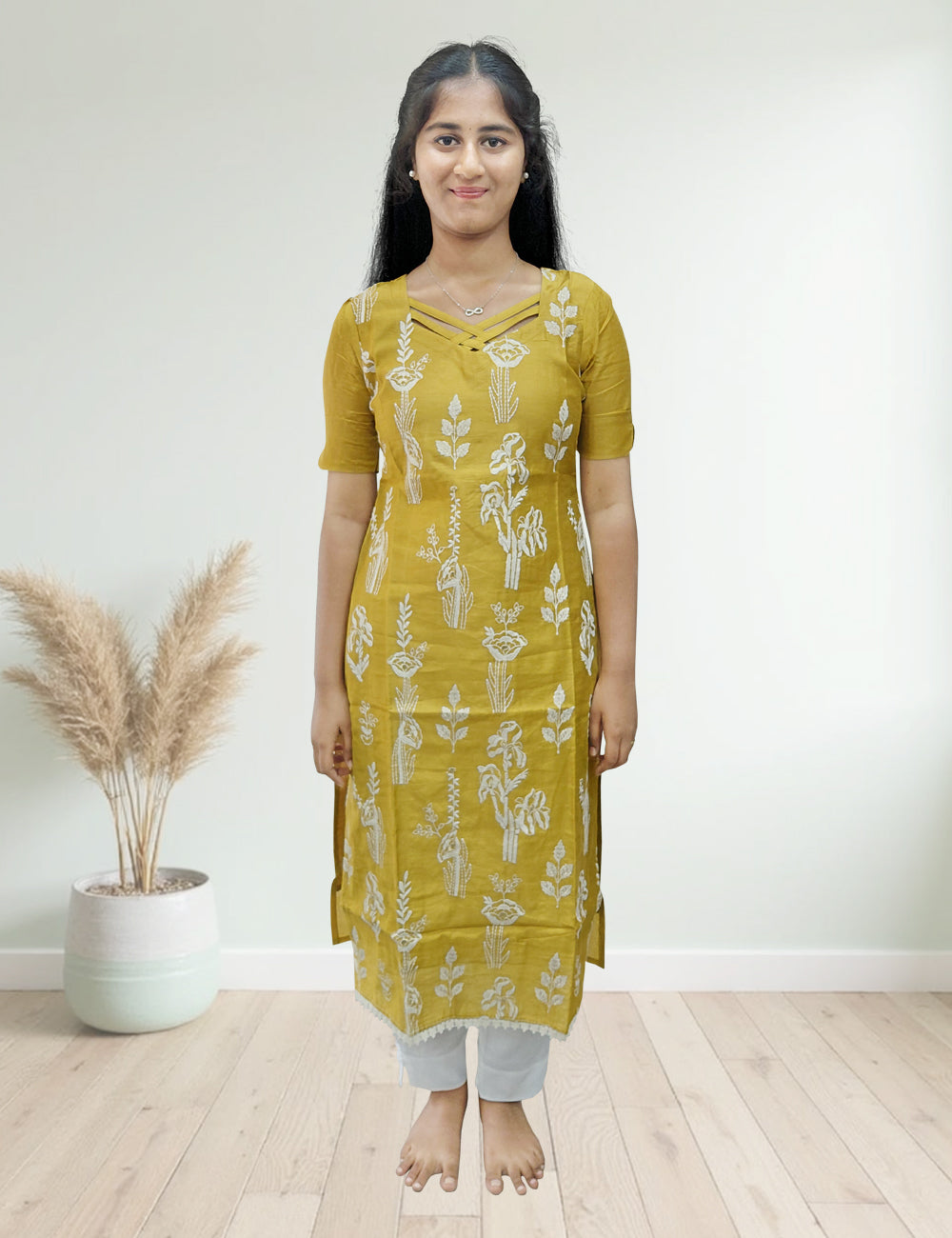Mustard Floral Embroidered 3-Piece Kurti Set