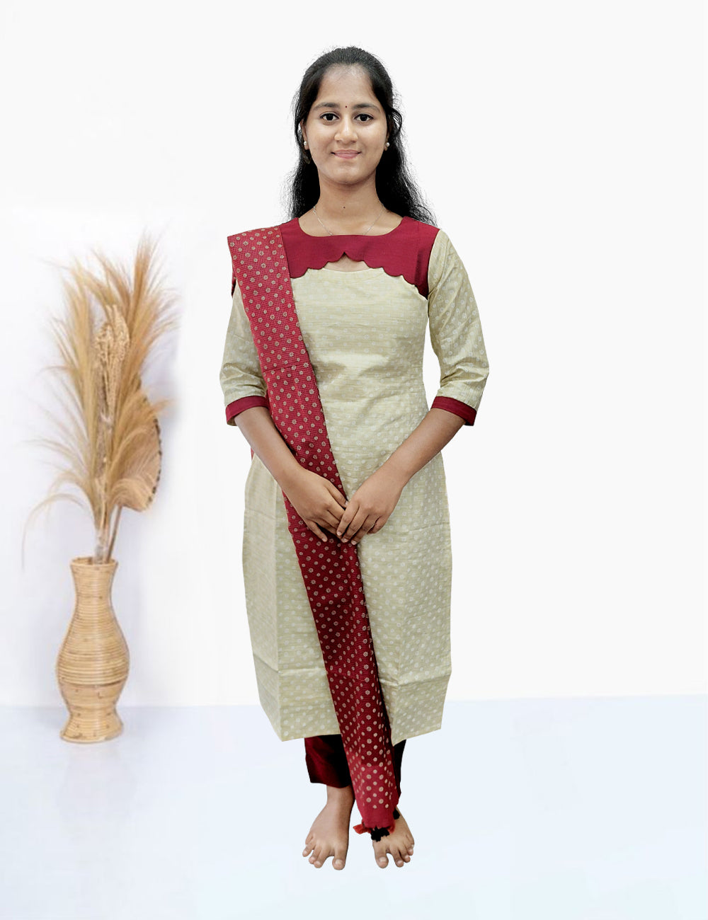 Off-White & Maroon Scallop Kurti Set – 3 Piece Ethnic Wear