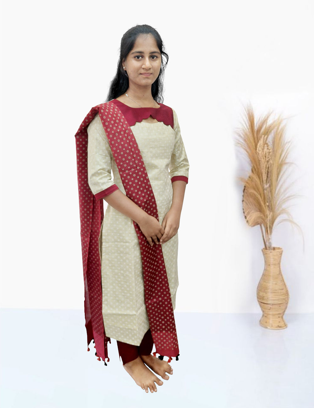 Off-White & Maroon Scallop Kurti Set – 3 Piece Ethnic Wear