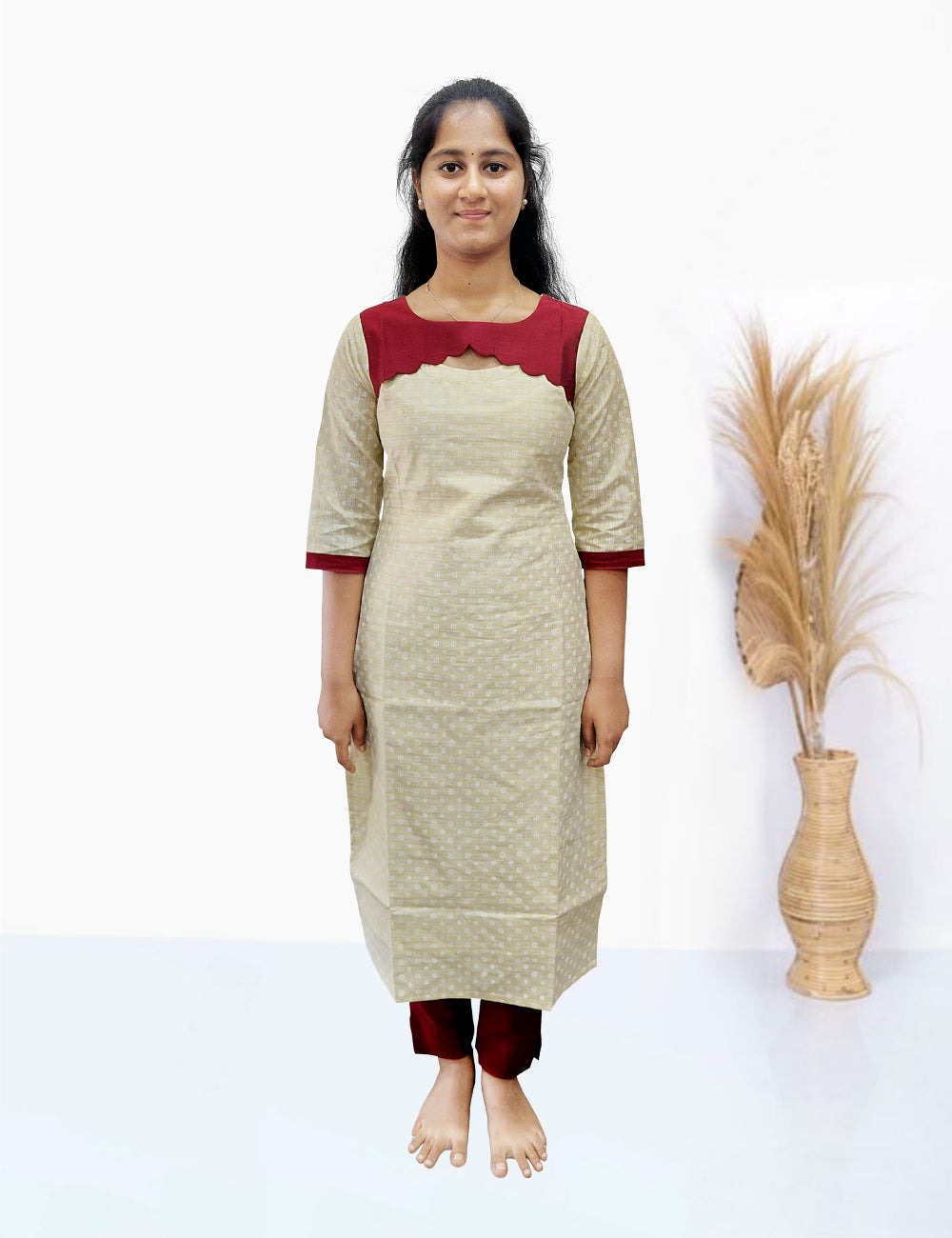 Off-White & Maroon Scallop Kurti Set – 3 Piece Ethnic Wear