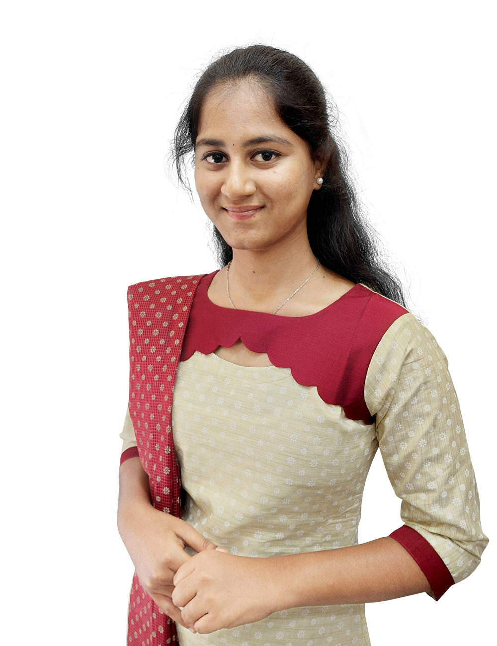 Off-White & Maroon Scallop Kurti Set – 3 Piece Ethnic Wear