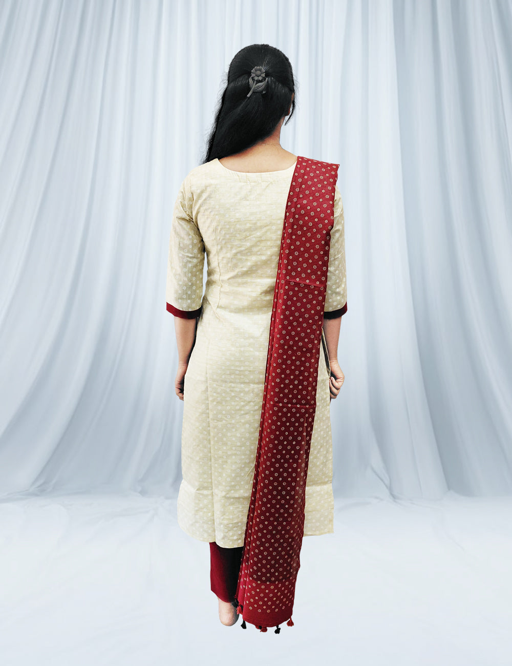 Off-White & Maroon Scallop Kurti Set – 3 Piece Ethnic Wear
