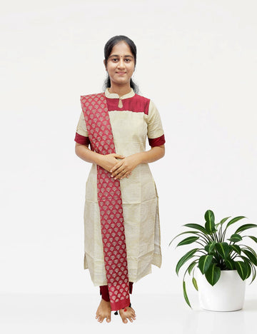 Off-White & Maroon Printed Kurti Set with Dupatta – 3 Piece Ethnic Wear