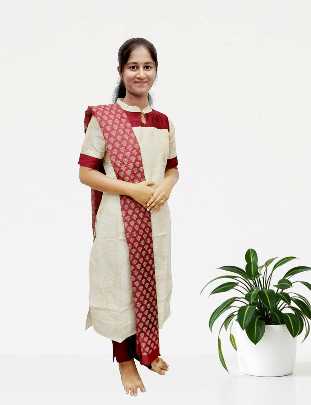 Off-White & Maroon Printed Kurti Set with Dupatta – 3 Piece Ethnic Wear