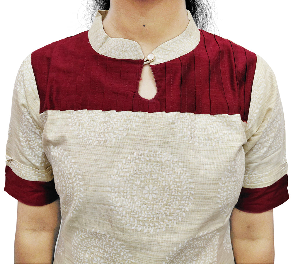 Off-White & Maroon Printed Kurti Set with Dupatta – 3 Piece Ethnic Wear