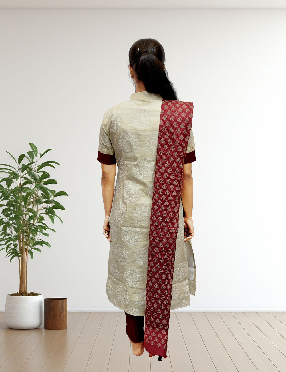 Off-White & Maroon Printed Kurti Set with Dupatta – 3 Piece Ethnic Wear