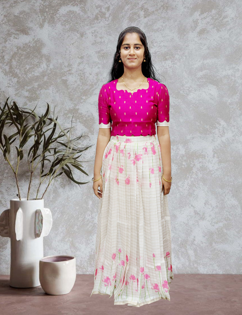 Pink Printed Crop Top & Floral Skirt Set | Women’s Ethnic Set