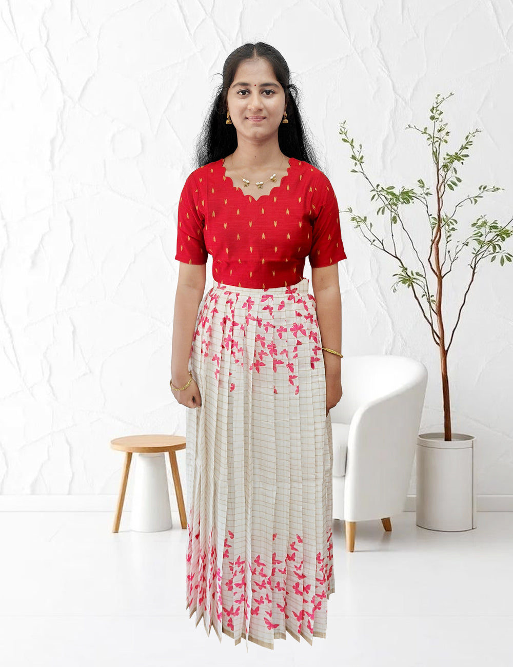 Red Butterfly Printed Skirt & Top Set for Women | Ethnic Fusion Wear