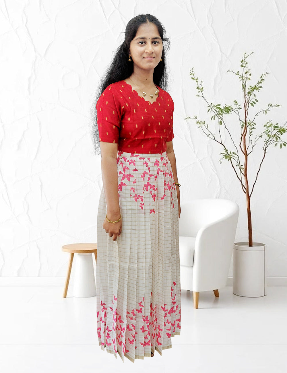 Red Raw Silk Butterfly Skirt & Top Set for Women