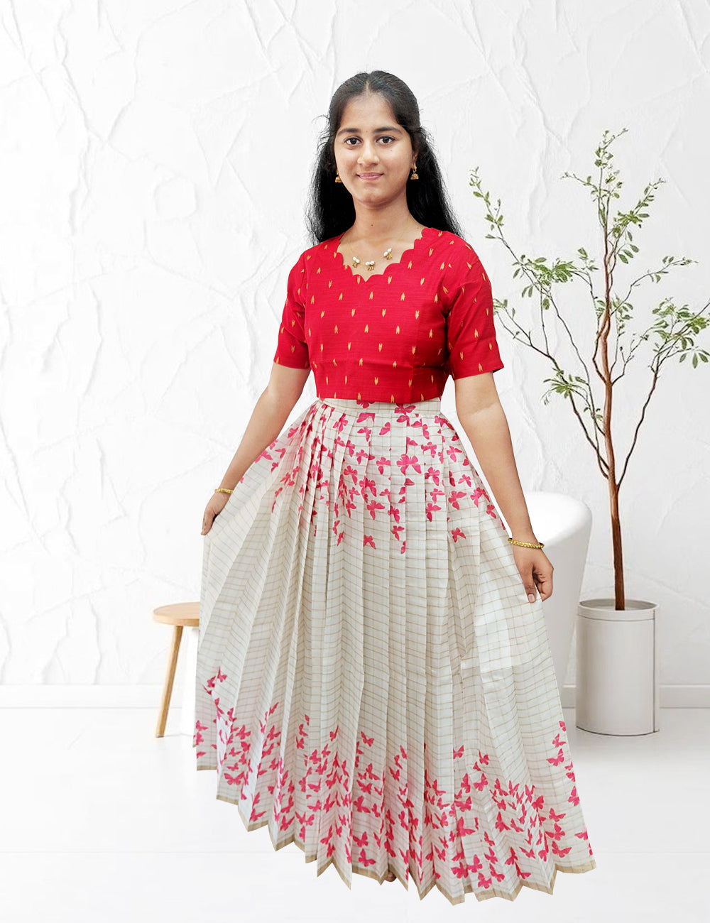Red Butterfly Printed Skirt & Top Set for Women | Ethnic Fusion Wear