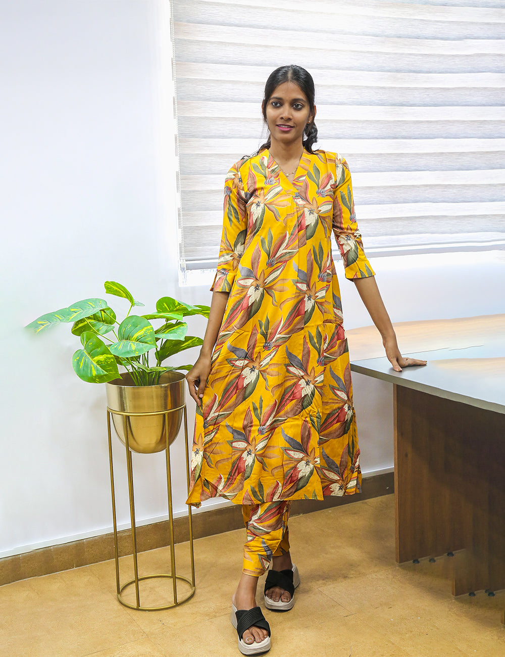 Mustard Yellow Floral Printed A-Line Kurti Pant