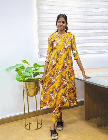 Mustard Yellow Floral Printed A-Line Kurti Pant