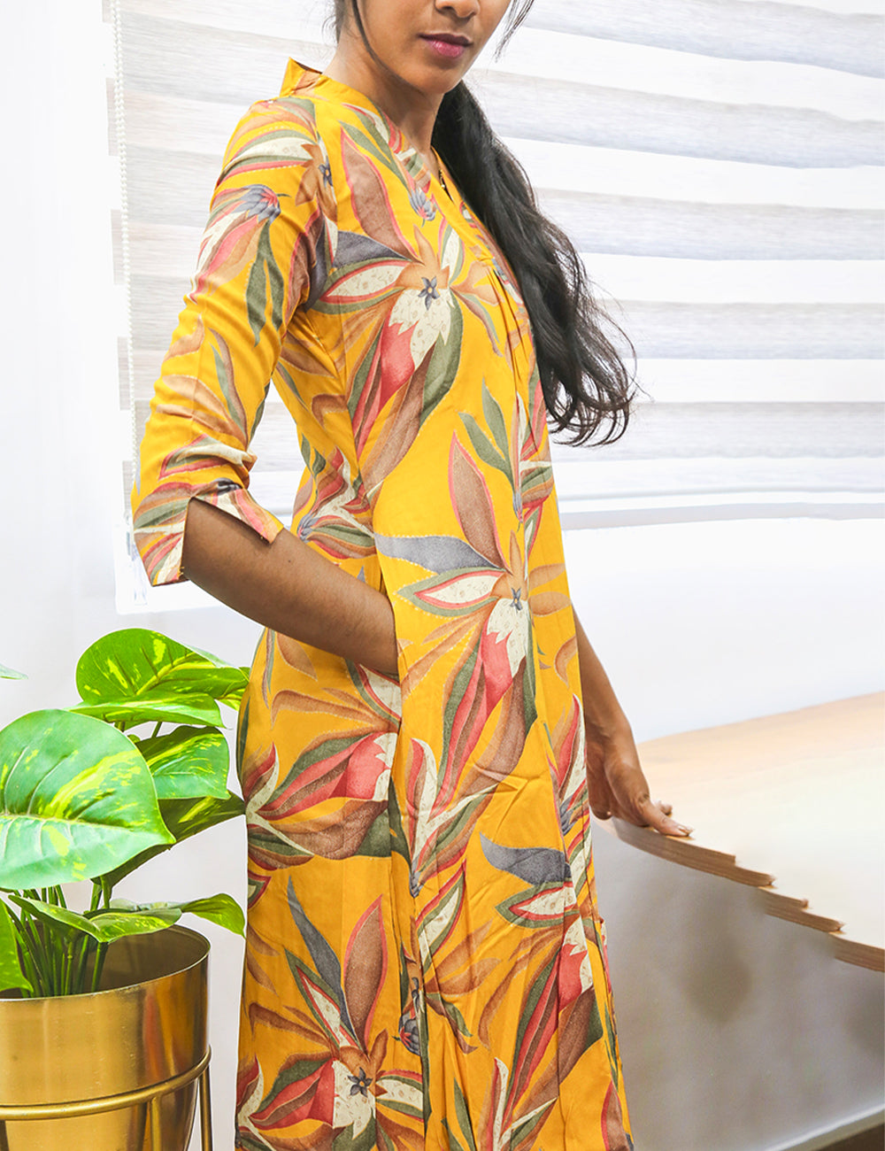 Mustard Yellow Floral Printed A-Line Kurti Pant