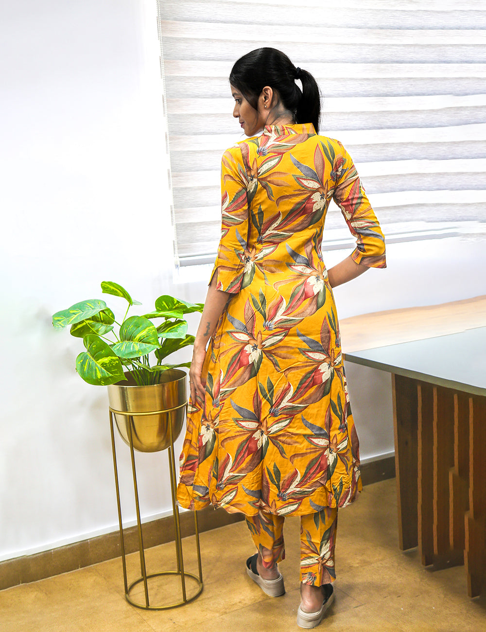 Mustard Yellow Floral Printed A-Line Kurti Pant