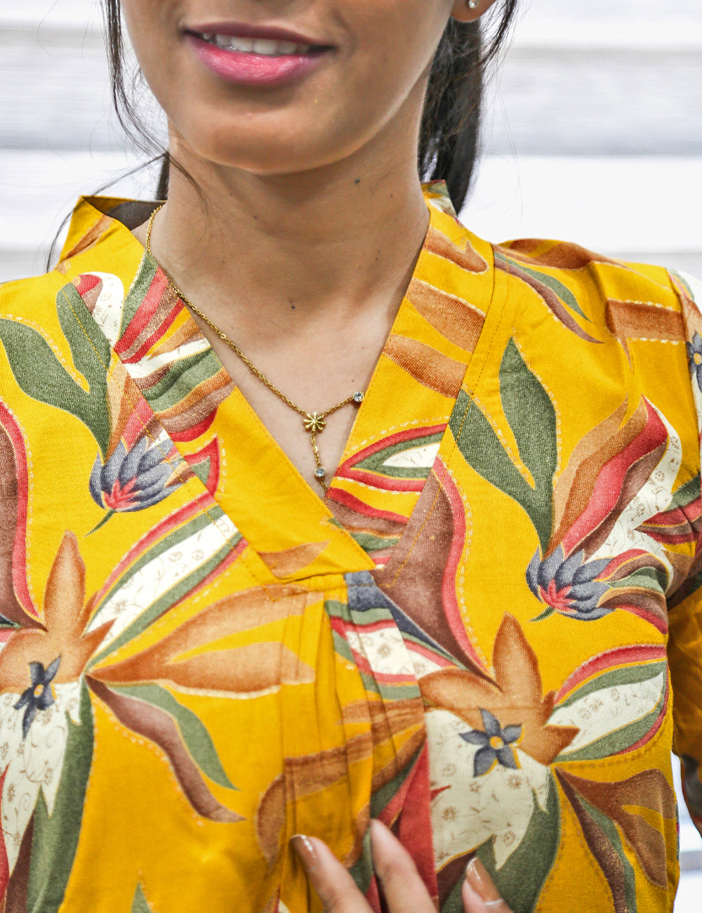 Mustard Yellow Floral Printed A-Line Kurti Pant
