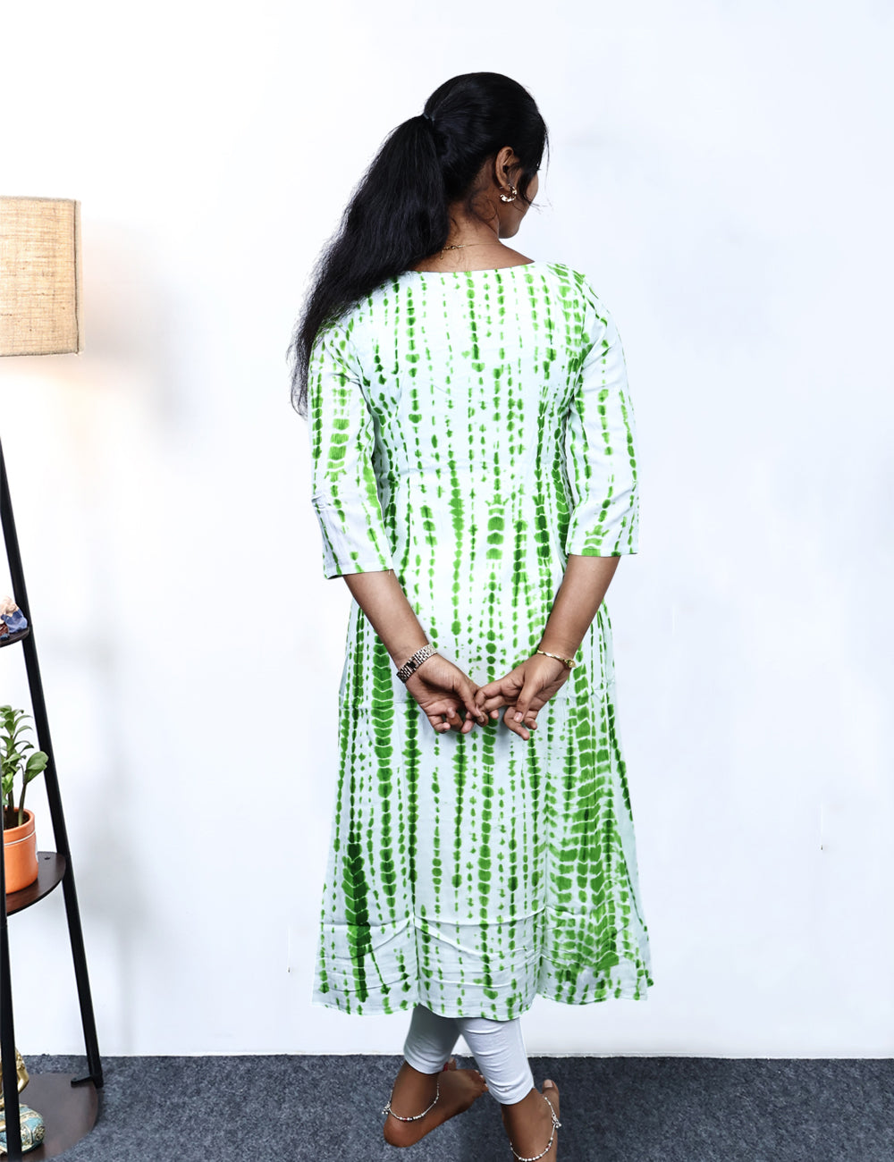 White / Green Tie-Dye A-line Kurti