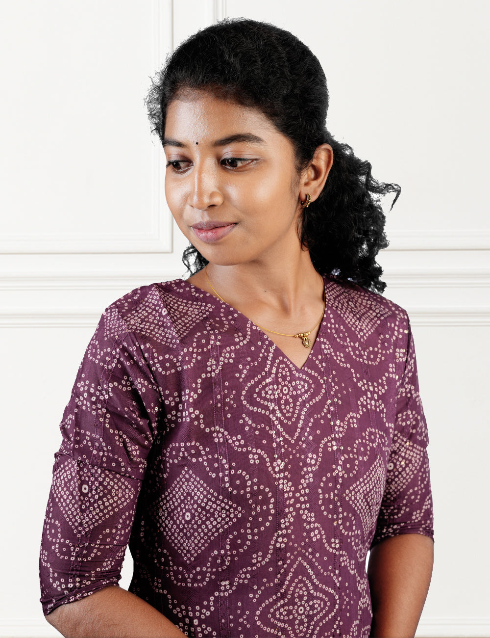 GRAPEWINE COLOR PRINTED BANDHINI A-LINE DRESS