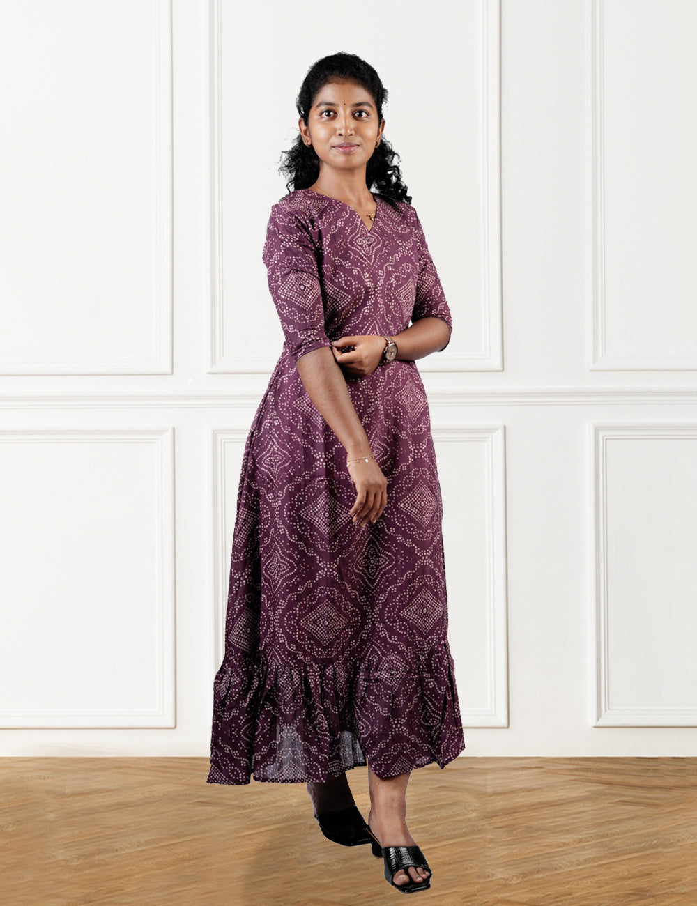 GRAPEWINE COLOR PRINTED BANDHINI A-LINE DRESS