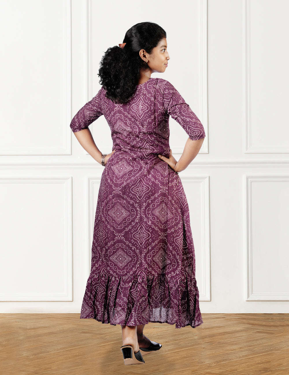 GRAPEWINE COLOR PRINTED BANDHINI A-LINE DRESS