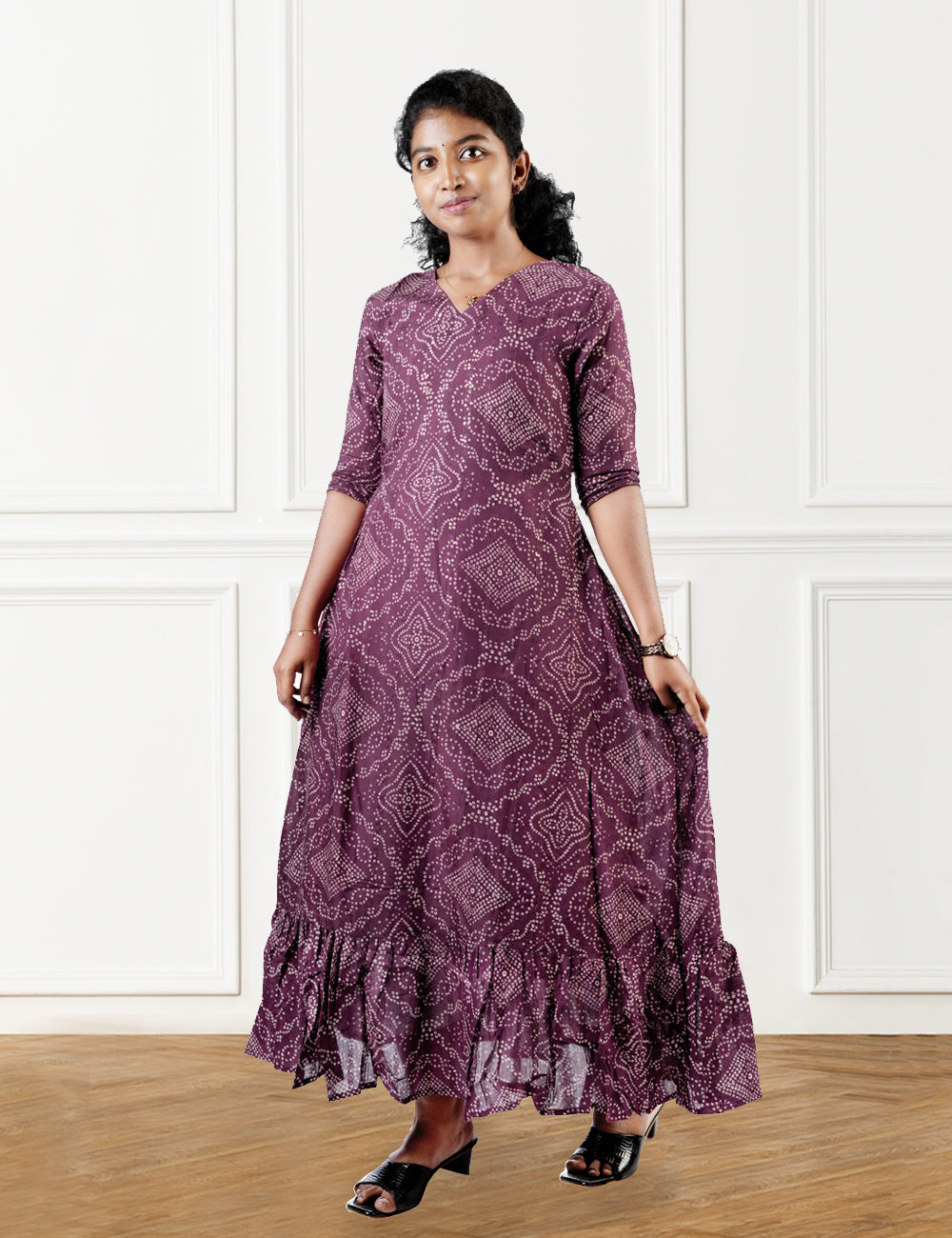 GRAPEWINE COLOR PRINTED BANDHINI A-LINE DRESS