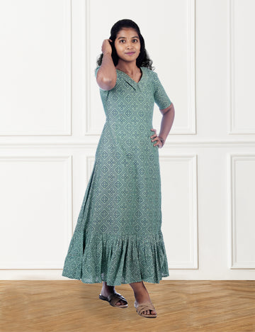 GREEN PRINTED COTTON HRITI A-LINE DRESS