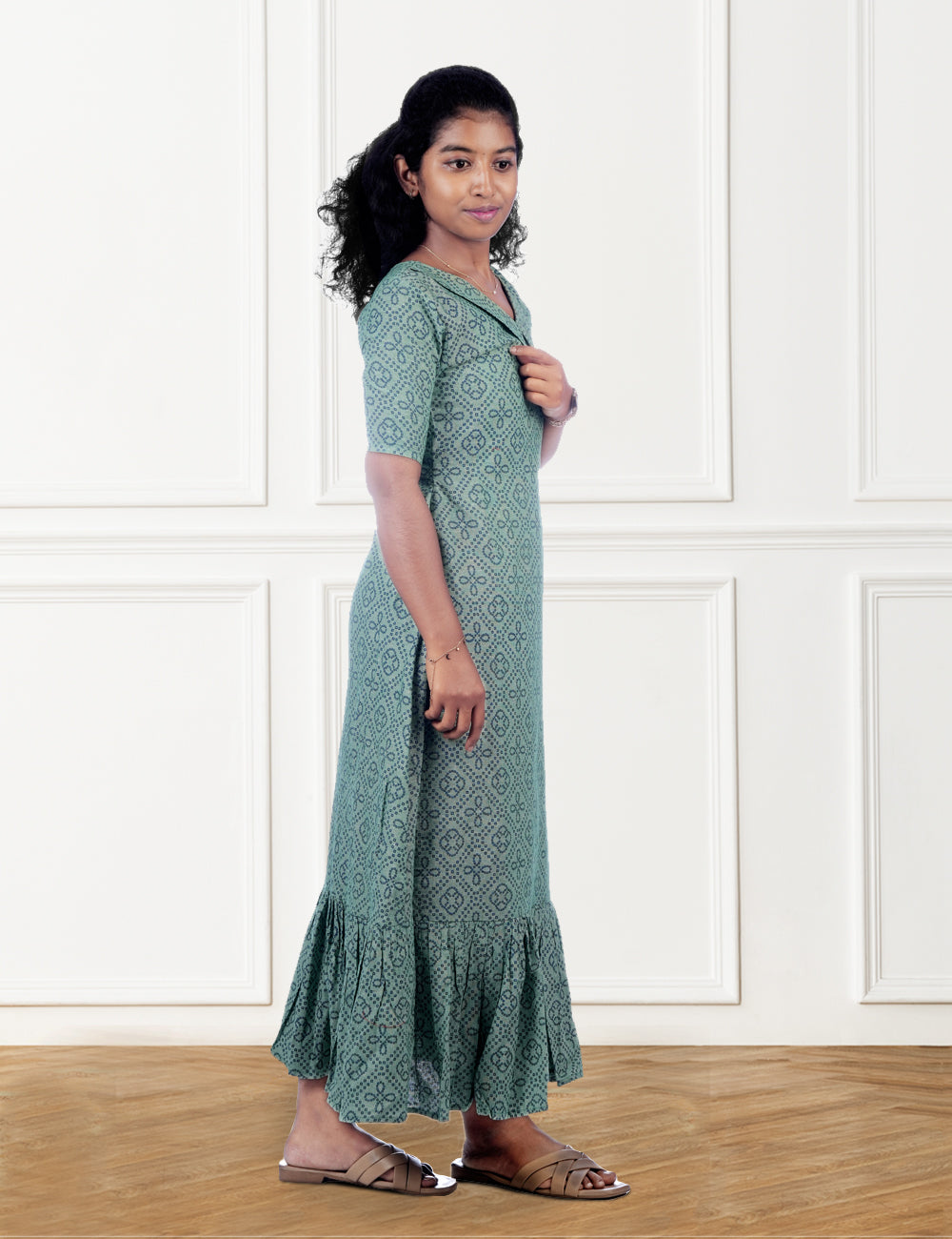 GREEN PRINTED COTTON HRITI A-LINE DRESS