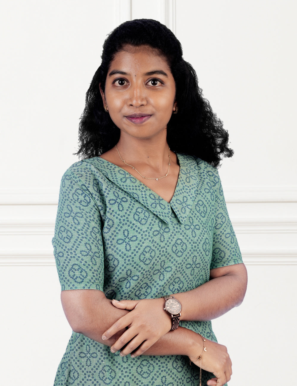 GREEN PRINTED COTTON HRITI A-LINE DRESS