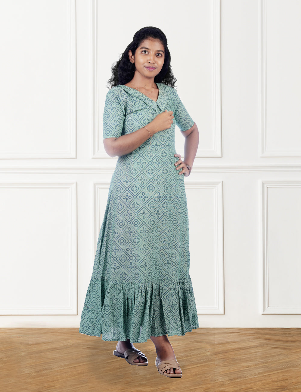GREEN PRINTED COTTON HRITI A-LINE DRESS