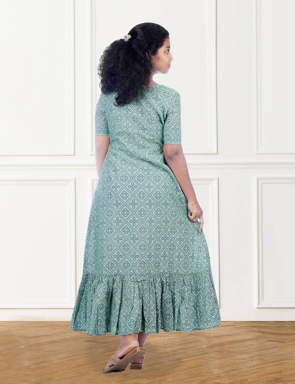 GREEN PRINTED COTTON HRITI A-LINE DRESS