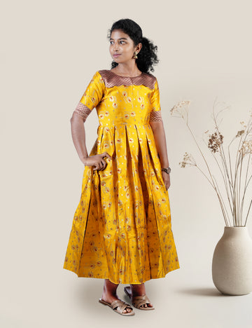 YELLOW WITH MAROON BANARASI SILK DHIYAA DRESS