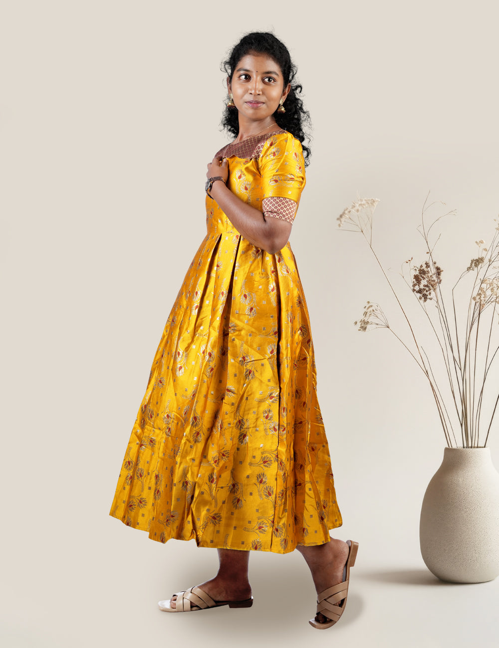 YELLOW WITH MAROON BANARASI SILK DHIYAA DRESS